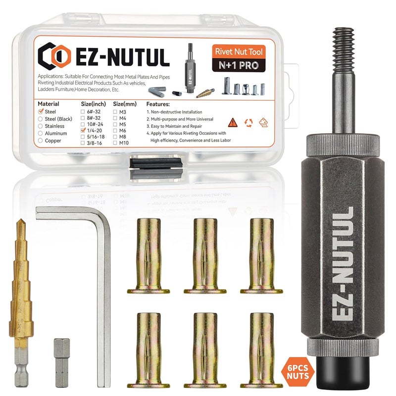 EZ-NUTUL Multi-Grip Rivet Nut Installation Tool Set Pre-Bulbed Shank Flat Head Threaded Insert Nut Plus Nuts Assortment Kit Cross Rivnut for Construction Industrial (1/4-20(Plus Nut Tool-6pcs)) - Image 1